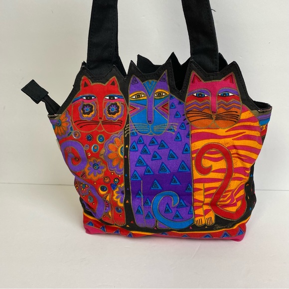 Laurel Burch Sand N Sun Canvas Cat Cutout Tres Gratos Zip Top Handbag Purse Tote - Picture 2 of 16